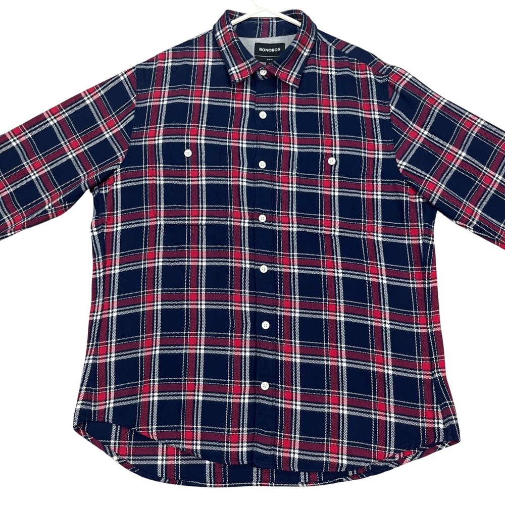 Bonobos Mens XL Slim Fit Flannel Shirt Blue Red Plaid‎ Long Sleeve Button Down